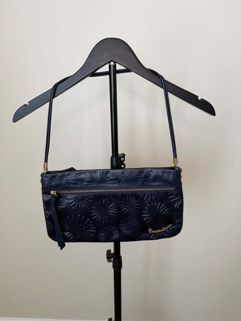 Braccialini Navy‎ Blue Floral Embossed Leather Shoulder Bag